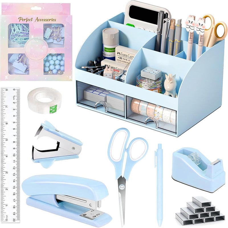 COMFYROOM Desk Accessories with Pen Holder, Office Supplies Desk Organizers and Accessories, Tape Dispenser, Stapler, Staple Remover, Staples, Clips Set, Ruler, Scissor, Pen, Tape (Blue) - Image 1